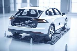 Electric car research and development with 3d rendering ev car with pack of battery cells module on platform photo