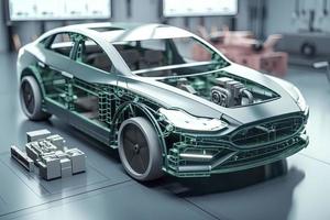 eléctrico coche investigación y desarrollo con 3d representación ev coche con paquete de batería células módulo en plataforma foto