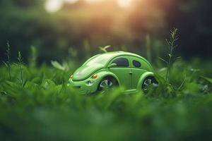eléctrico coche con verde hoja icono en difuminar césped fondo, ecología y ambiente concepto foto