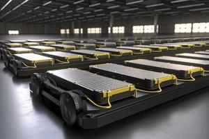 electric cars with pack of battery cells module on platform in a row photo