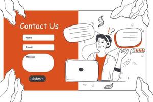 Customer service, online support, helpdesk concept. Contact us form website template or landing page illustration. Woman call center worker agent operator character with headsets talking with client. vector