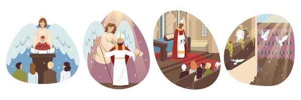 Religion, christianity, holiday set concept. Collection of men catholic orthodox priests pope cartoon characters talking speaking with parish people christians. St Isidore day and Lent celebration. vector