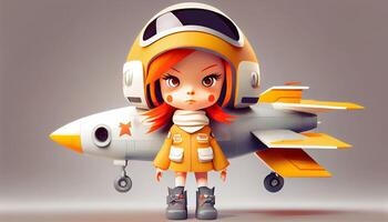 Cute trendy little girl jet fighter style on white background photo