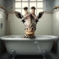 Giraffe taking a bath in a bathtub photo