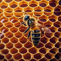 Bee on honeycomb close up image photo