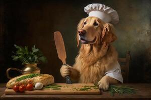 Golden Retriever Classically Trained Chef dog in kitchen photo