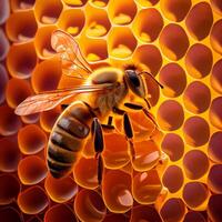 Bee on honeycomb close up image of honey bee photo