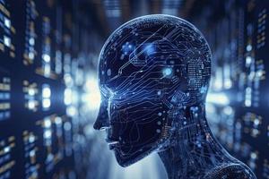 double exposure image of virtual human 3dillustration on blue circuit board background represent artificial intelligence AI technology photo