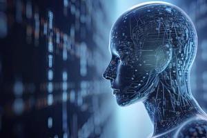 double exposure image of virtual human 3dillustration on blue circuit board background represent artificial intelligence AI technology photo