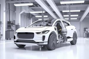 Electric car research and development with 3d rendering ev car with pack of battery cells module on platform photo