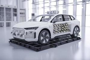 Electric car research and development with 3d rendering ev car with pack of battery cells module on platform photo