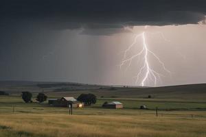 dramatic lightning thundertbolt bolt strike in daylight rural surrounding bad weather dark sky photo