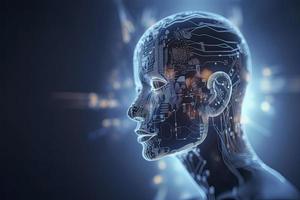 double exposure image of virtual human 3dillustration on blue circuit board background represent artificial intelligence AI technology photo