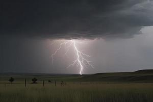 dramático relámpago rayo tornillo Huelga en luz rural rodeando malo clima oscuro cielo foto