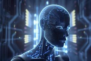 double exposure image of virtual human 3dillustration on blue circuit board background represent artificial intelligence AI technology photo