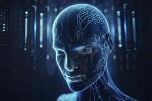 double exposure image of virtual human 3dillustration on blue circuit board background represent artificial intelligence AI technology photo