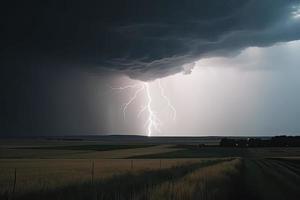 dramático relámpago rayo tornillo Huelga en luz rural rodeando malo clima oscuro cielo foto