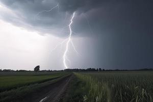 dramatic lightning thundertbolt bolt strike in daylight rural surrounding bad weather dark sky photo