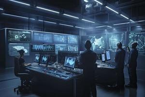 Computer aided manufacturing M2M automation technology industry 4.0 engineering, 3D robot teamwork working meeting in factory futuristic metaverse cyber digital world photo
