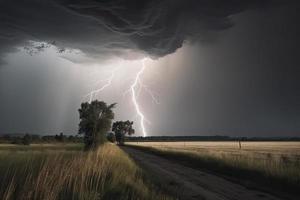 dramático relámpago rayo tornillo Huelga en luz rural rodeando malo clima oscuro cielo foto