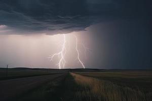 dramatic lightning thundertbolt bolt strike in daylight rural surrounding bad weather dark sky photo