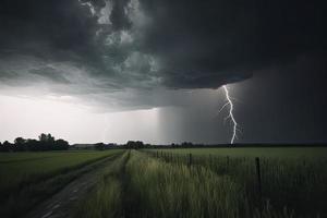 dramático relámpago rayo tornillo Huelga en luz rural rodeando malo clima oscuro cielo foto