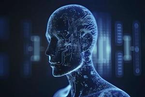 double exposure image of virtual human 3dillustration on blue circuit board background represent artificial intelligence AI technology photo
