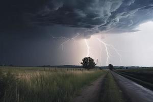 dramático relámpago rayo tornillo Huelga en luz rural rodeando malo clima oscuro cielo foto