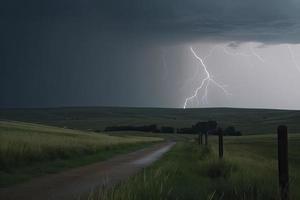 dramático relámpago rayo tornillo Huelga en luz rural rodeando malo clima oscuro cielo foto