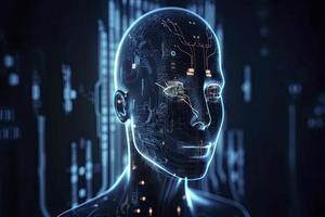 double exposure image of virtual human 3dillustration on blue circuit board background represent artificial intelligence AI technology photo