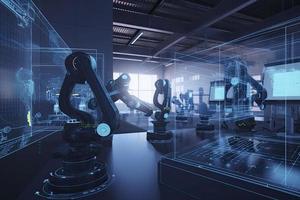 Computer aided manufacturing M2M automation technology industry 4.0 engineering, 3D robot teamwork working meeting in factory futuristic metaverse cyber digital world photo
