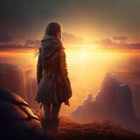 A beautiful young woman arrives at the top of the mountain at sun rise photo