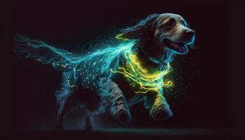 cute dog wearing neon colors lights in the dark night photo