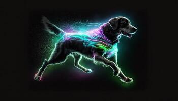 dog is running image and wearing neon colorful lights photo