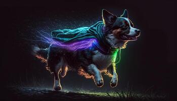 cute little dog wearing cloths of neon in the dark night photo