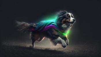 dog running through the dark night wearing a neon colors photo