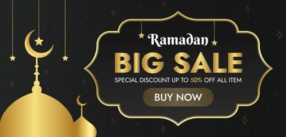 Ramadan Big Sale With Special Discount Up To 50 Off And Square Theme Banner, Mosque, Crescent Moon And Stars. vector
