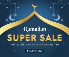 Ramadan Super Sale With 40 Off Special Discount Off All Item And Social Media Square Theme With Mosque, Crescent Moon And Stars. vector