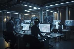 Computer aided manufacturing M2M automation technology industry 4.0 engineering, 3D robot teamwork working meeting in factory futuristic metaverse cyber digital world photo