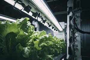 Automatic Agricultural Technology With Close-up View Of Robotic Arm Harvesting Lettuce In Vertical Hydroponic Plant photo