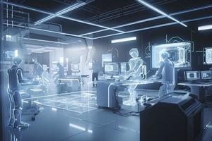 Computer aided manufacturing M2M automation technology industry 4.0 engineering, 3D robot teamwork working meeting in factory futuristic metaverse cyber digital world photo