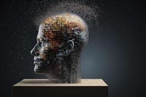 3D dissolving human head made with cube shaped particles photo