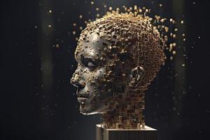 3D dissolving human head made with cube shaped particles photo