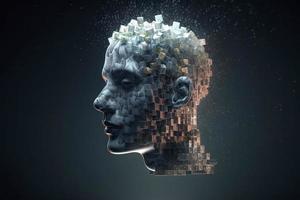 3D dissolving human head made with cube shaped particles photo