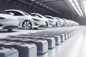 electric cars with pack of battery cells module on platform in a row photo