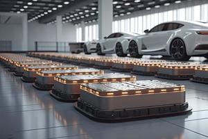 electric cars with pack of battery cells module on platform in a row photo