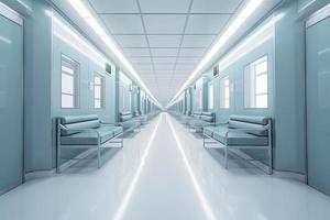 Long hospital bright corridor with rooms and blue seats 3D rendering photo
