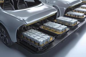 eléctrico carros con paquete de batería células módulo en plataforma en un fila foto