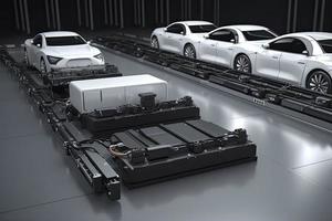 electric cars with pack of battery cells module on platform in a row photo