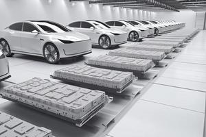 electric cars with pack of battery cells module on platform in a row photo